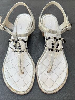 Chanel T-Strap Thong Logo Sandals, Sz 37 1/2 C (wider width)